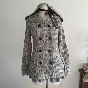 Cream and gray knitted hooded button cardigan